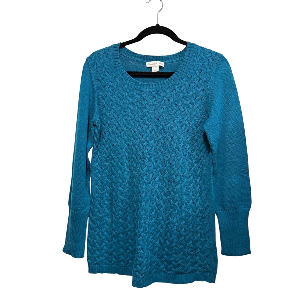 Coldwater Creek Womens M Teal Blue Cable Knit Crewneck Sweater Cozy Cotton Blend